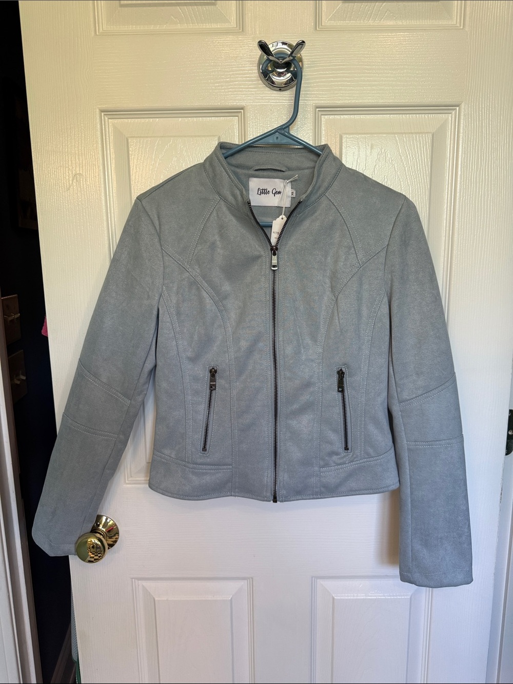 NWT Little Gem Women's Light Blue Gray Faux Suede Zip Jacket